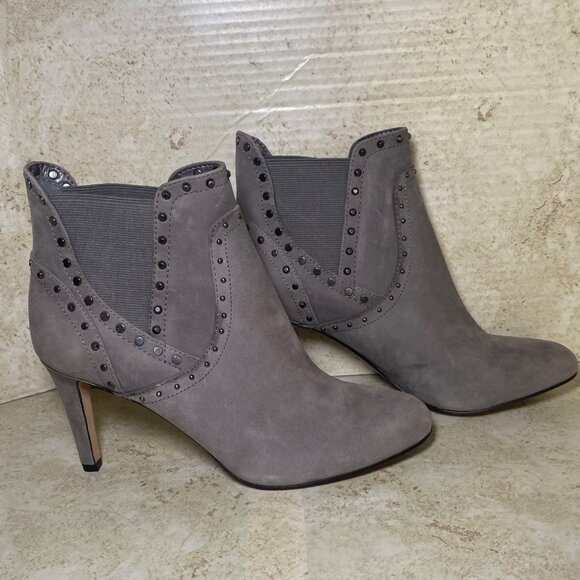 Gray Suede Studded High Heel Ankle Boots With Elastic Gore Detail - Picture 3 of 10